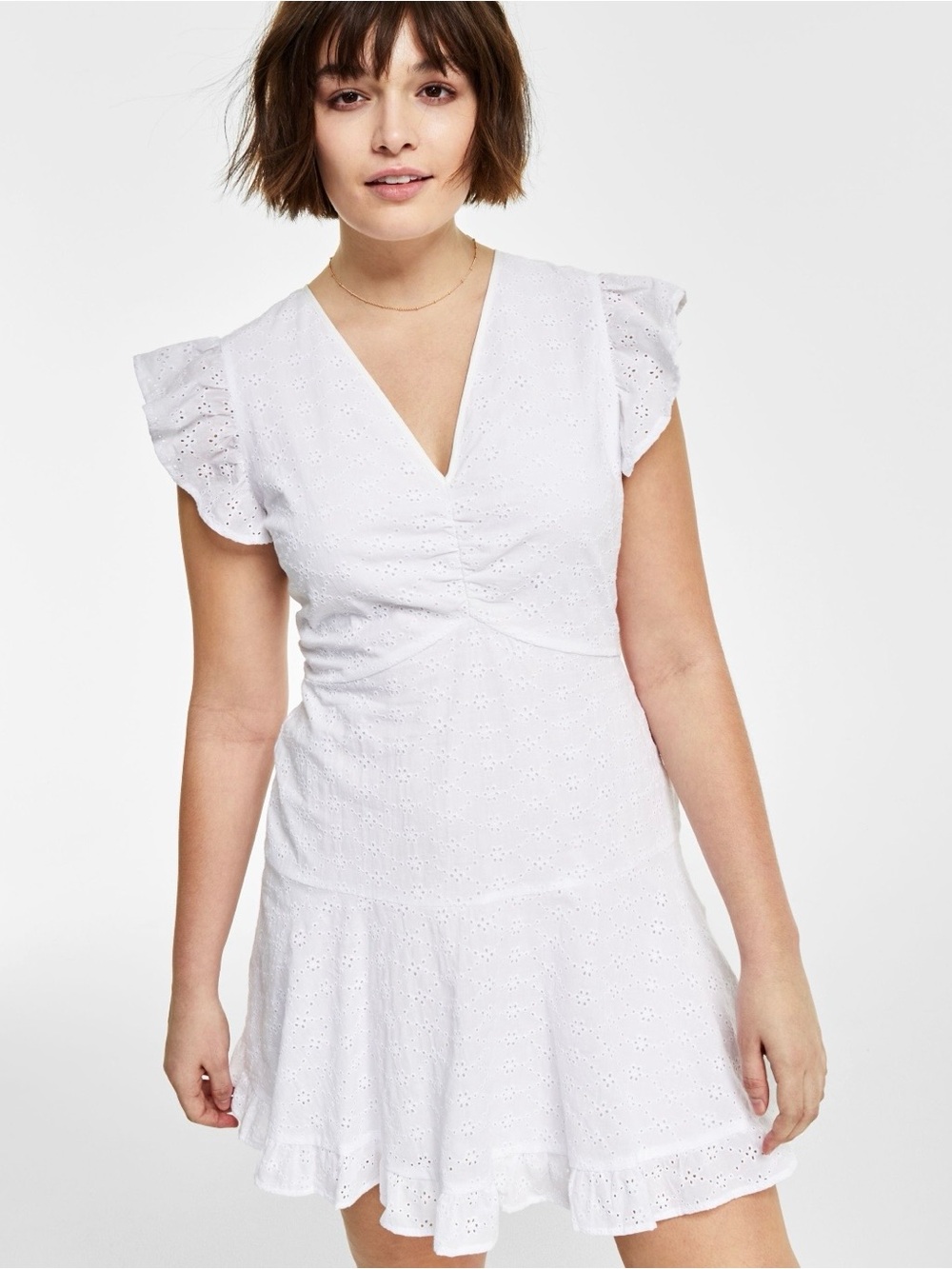 Bar III White Eyelet V-Neck Ruffle Mini Dress